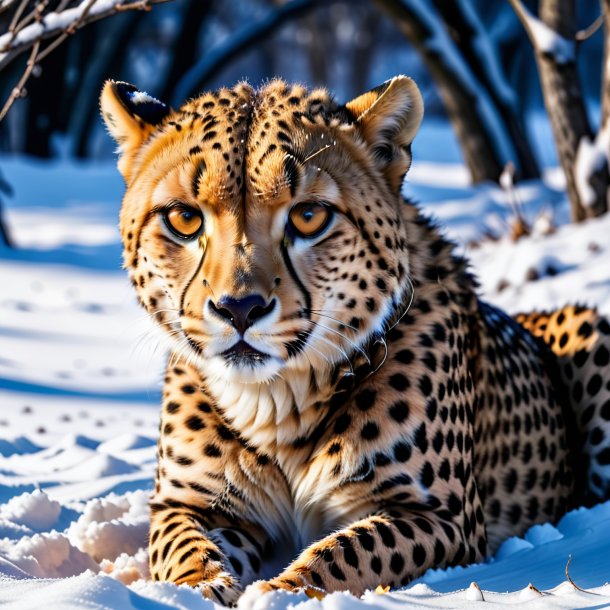 Foto de um comer de uma chita na neve