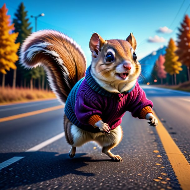 Photo of a flying squirrel in a sweater on the road