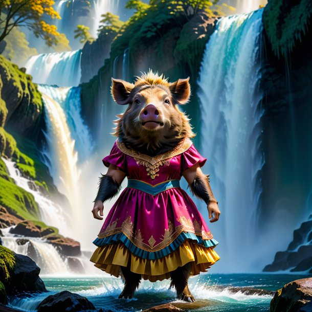 Image of a boar in a dress in the waterfall