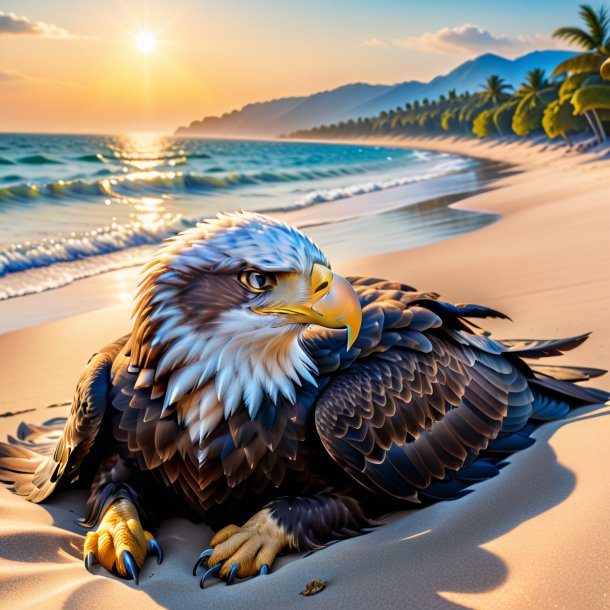 Photo of a sleeping of a eagle on the beach