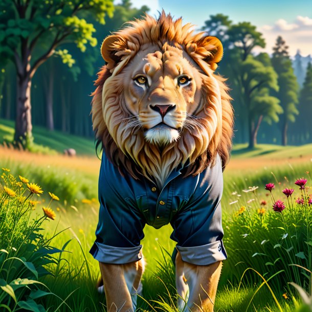 Picture of a lion in a trousers in the meadow