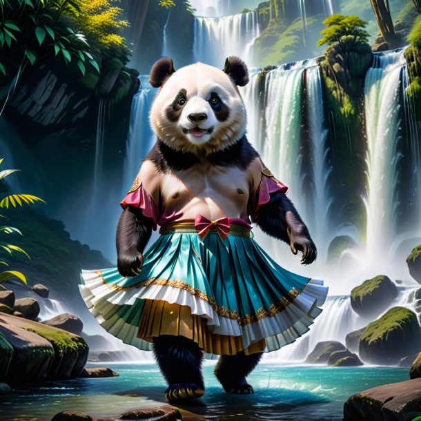 Picture of a giant panda in a skirt in the waterfall