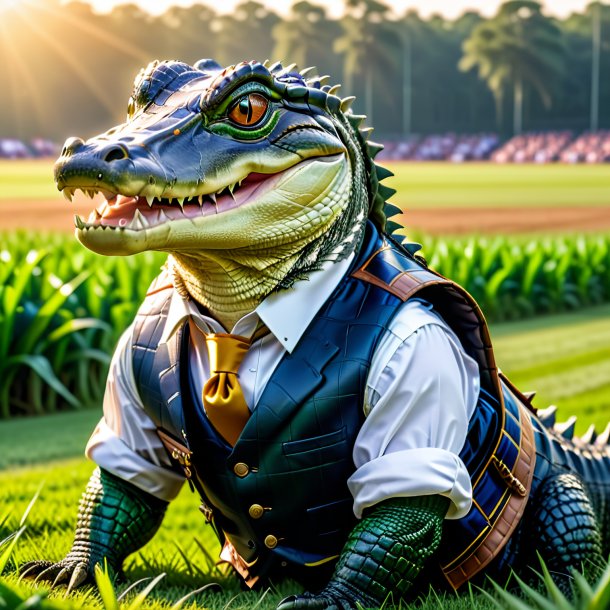 Photo of a alligator in a vest on the field