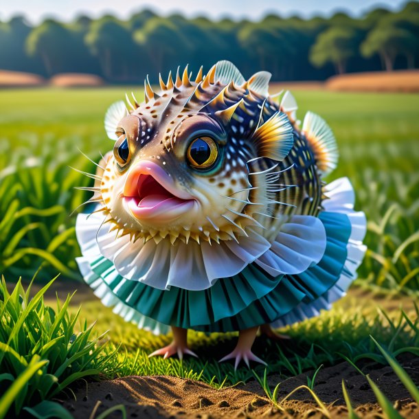 Picture of a pufferfish in a skirt on the field