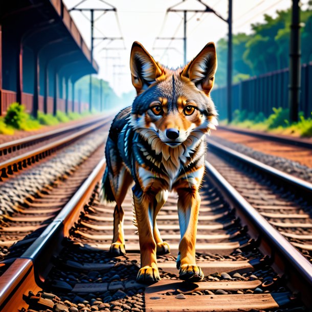 Photo of a jackal in a shoes on the railway tracks