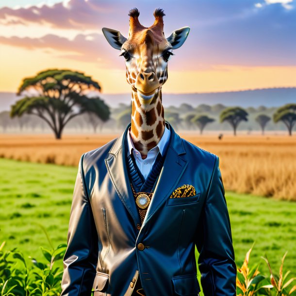 Pic of a giraffe in a jacket on the field