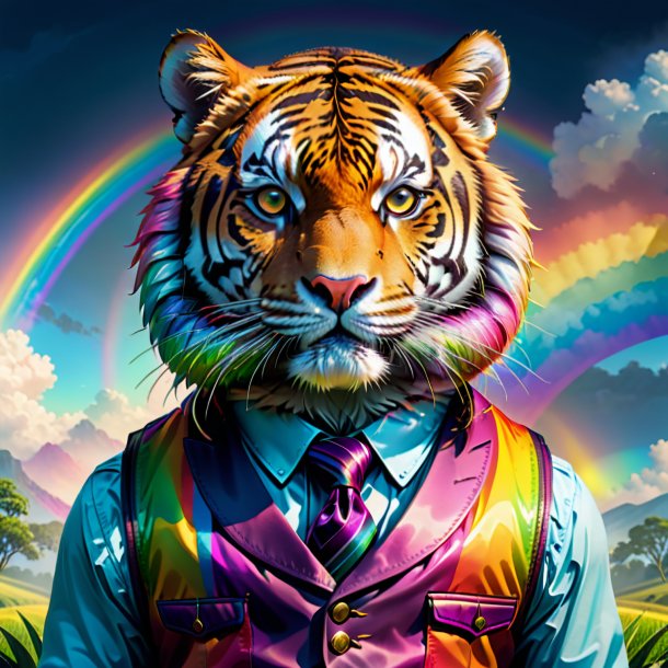 Illustration of a tiger in a vest on the rainbow