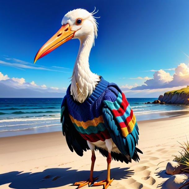 Dessin d'une cigogne dans un pull sur la plage