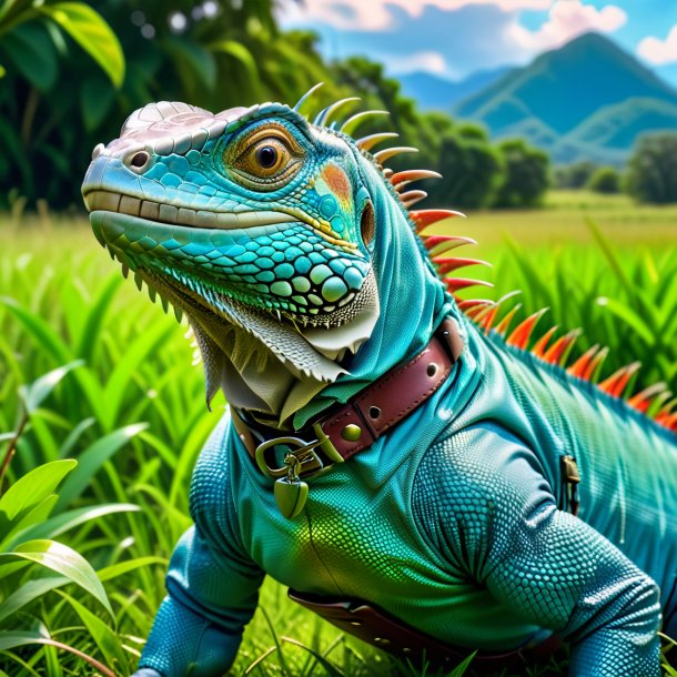 Pic of a iguana in a belt in the meadow