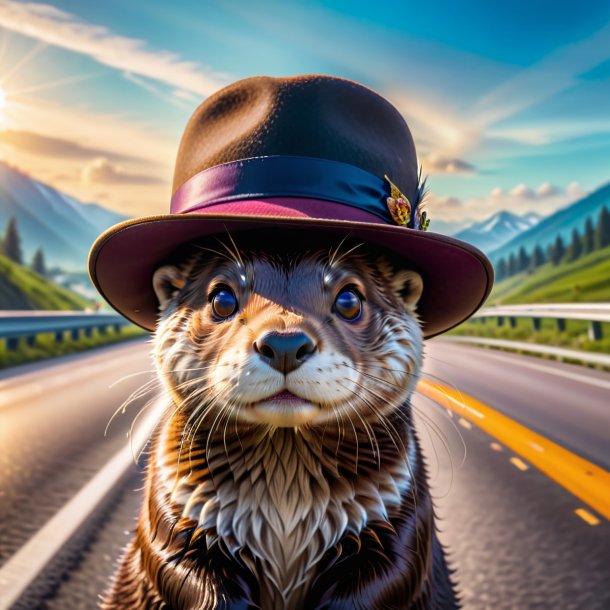 Foto de una nutria en un sombrero en la carretera