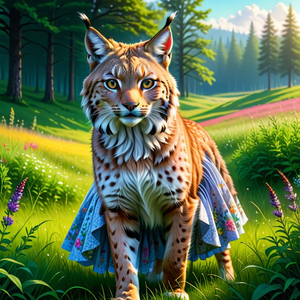 Illustration of a lynx in a skirt in the meadow