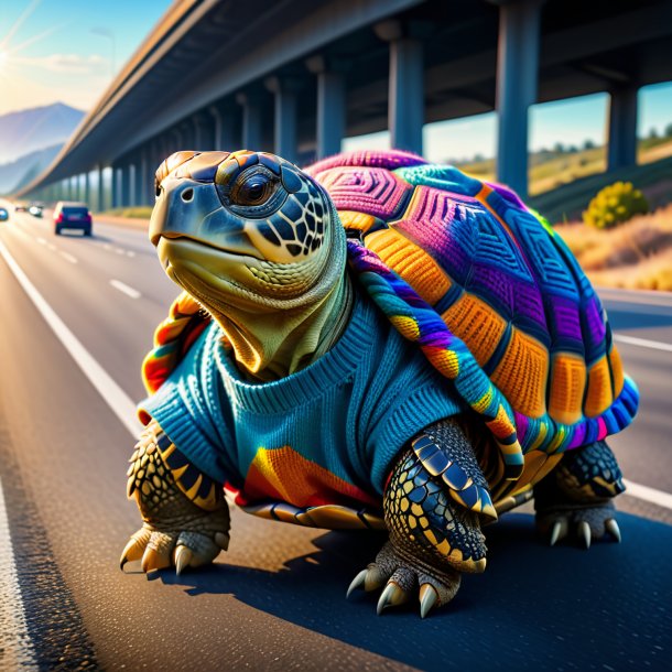 Picture of a tortoise in a sweater on the highway