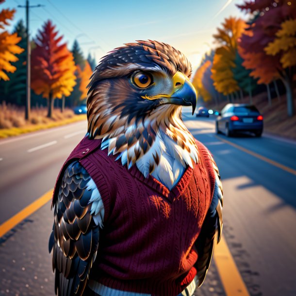 Illustration of a hawk in a sweater on the road