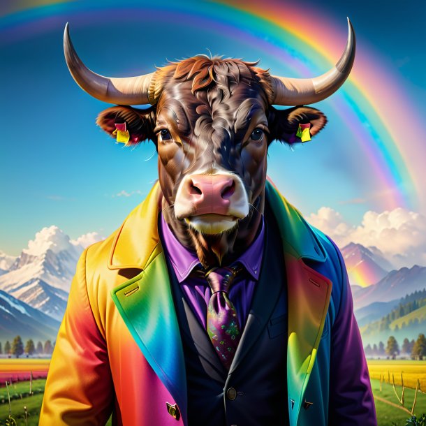 Image of a bull in a coat on the rainbow