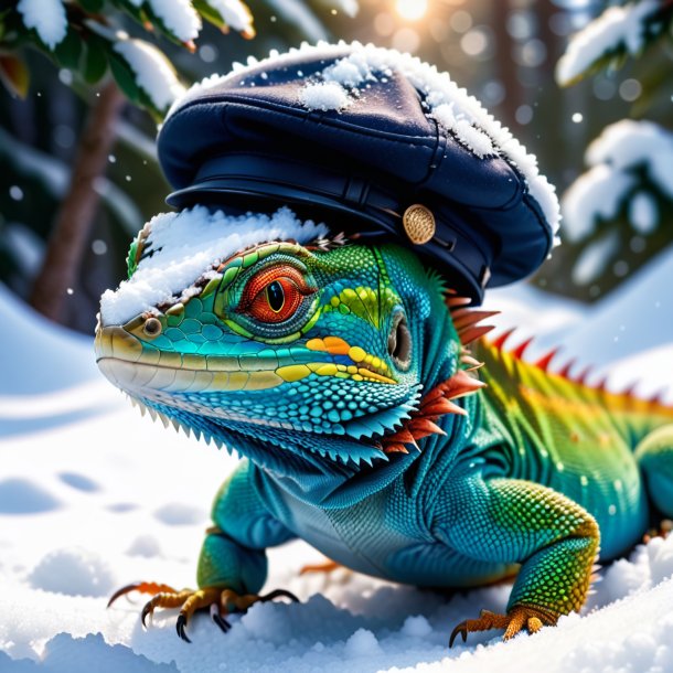 Imagem de um lagarto em um boné na neve