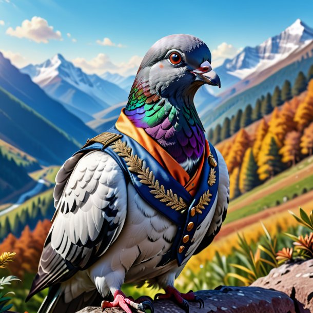 Illustration d'un pigeon dans un gilet dans les montagnes