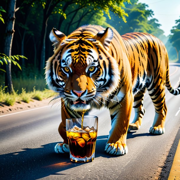 Image d'une boisson d'un tigre sur la route