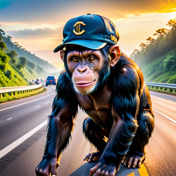 Foto de un chimpancé en una gorra en la carretera