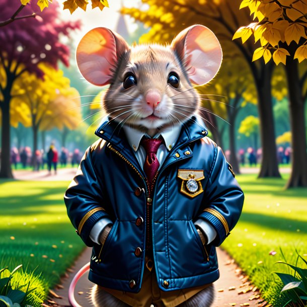 Image of a mouse in a jacket in the park