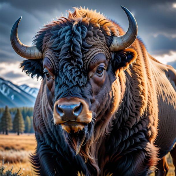 Photo of a bison in a gray coat