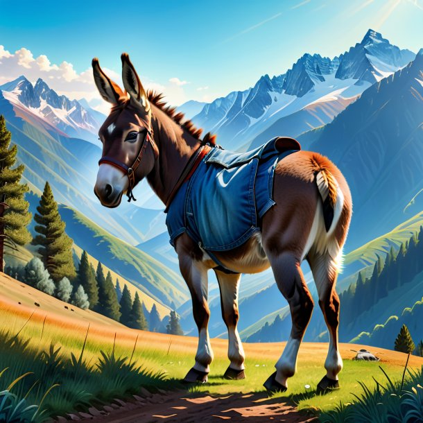 Drawing of a donkey in a jeans in the mountains