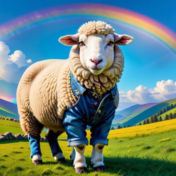 Picture of a sheep in a jeans on the rainbow