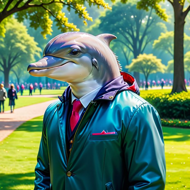 Picture of a dolphin in a jacket in the park