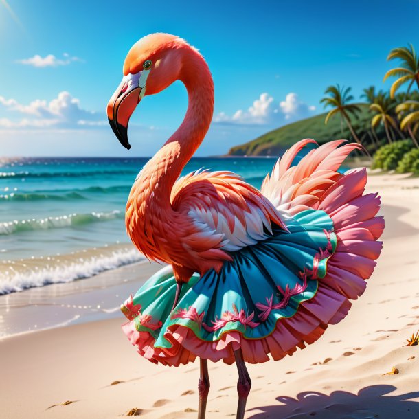 Illustration of a flamingo in a dress on the beach