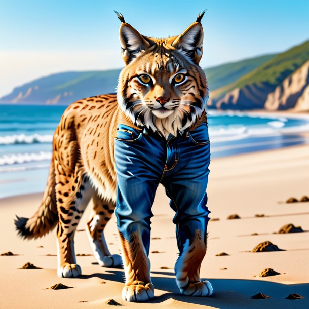 Picture of a lynx in a jeans on the beach