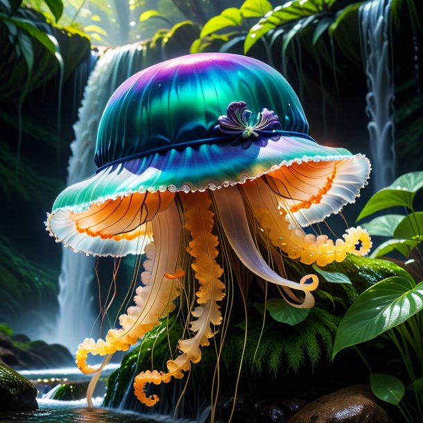 Image of a jellyfish in a hat in the waterfall