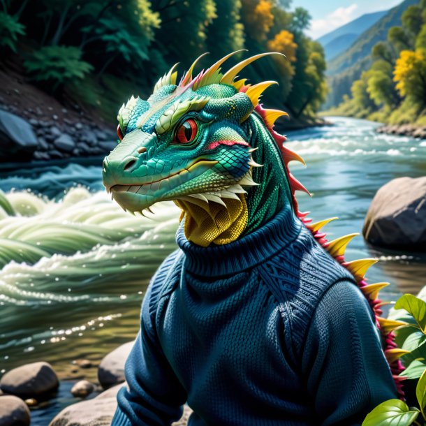 Image of a basilisk in a sweater in the river