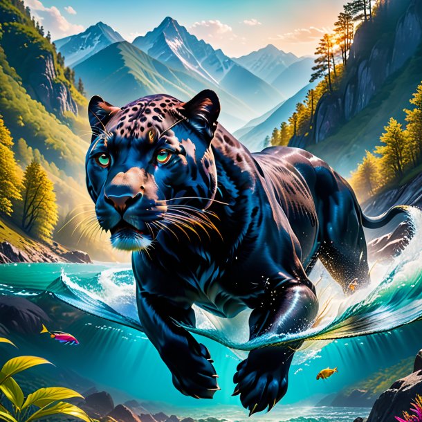 Image of a swimming of a panther in the mountains