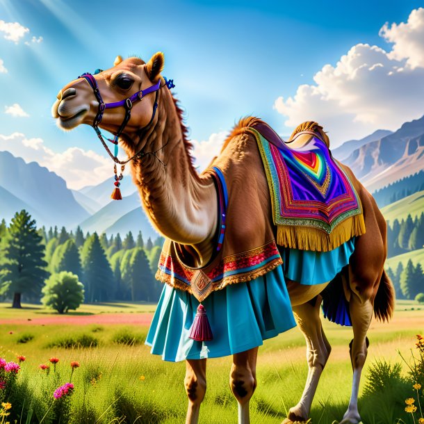 Photo of a camel in a skirt in the meadow