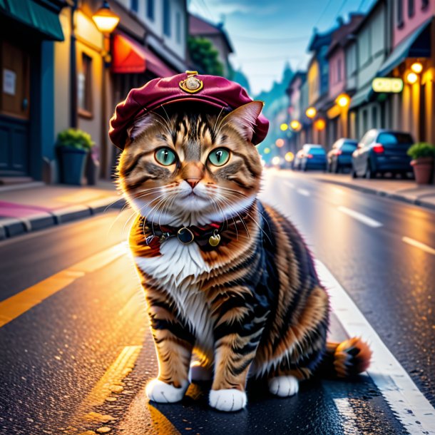 Pic of a cat in a cap on the road
