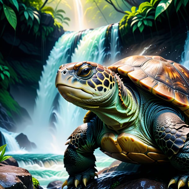 Photo of a angry of a turtle in the waterfall