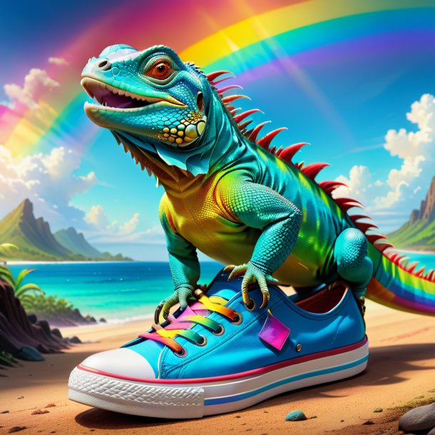 Drawing of a iguana in a shoes on the rainbow