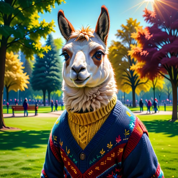 Illustration of a llama in a sweater in the park