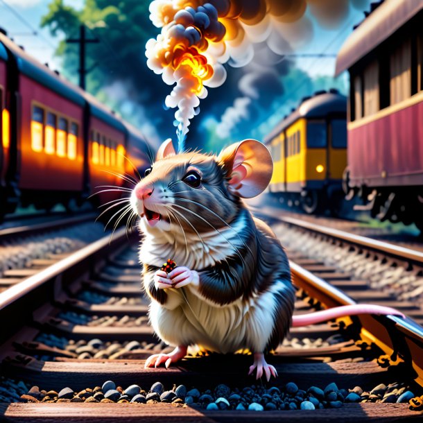 Image of a smoking of a mouse on the railway tracks