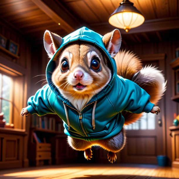 Picture of a flying squirrel in a hoodie in the house