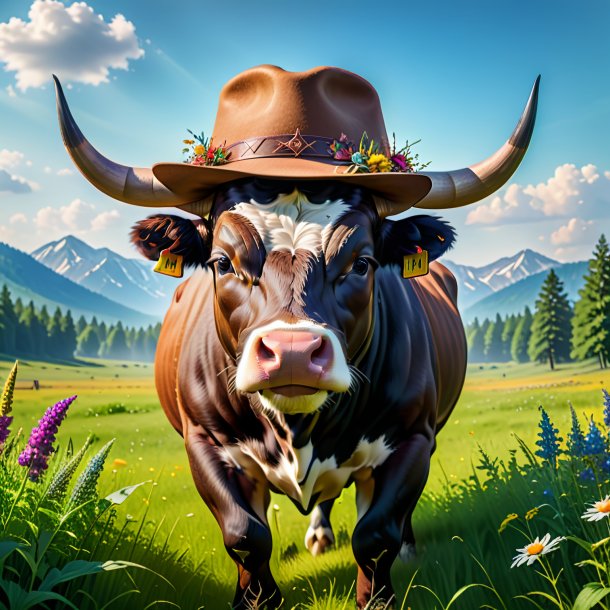 Photo of a bull in a hat in the meadow