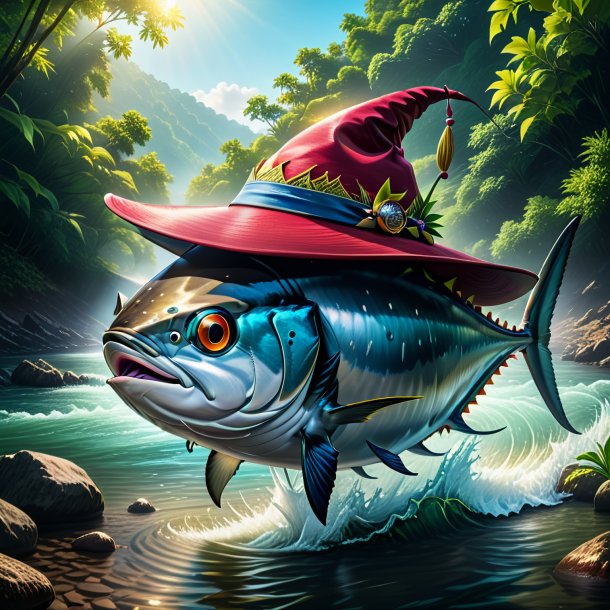 Drawing of a tuna in a hat in the river