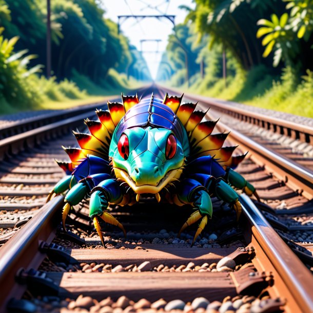 Photo of a centipede in a gloves on the railway tracks