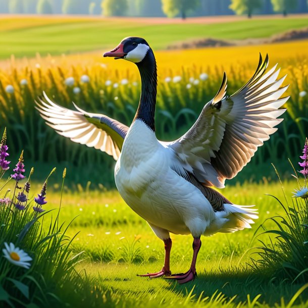 Pic of a dancing of a goose in the meadow