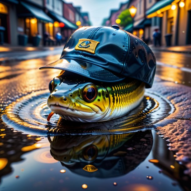 Pic d'anguille dans une casquette dans la flaque