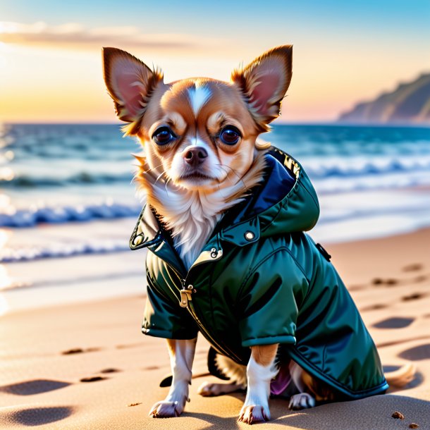 Image of a chihuahua in a coat on the beach