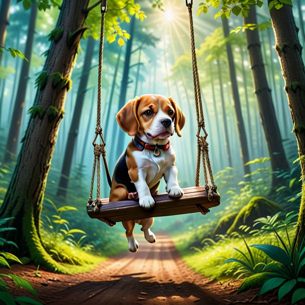 Picture of a swinging on a swing of a beagle in the forest