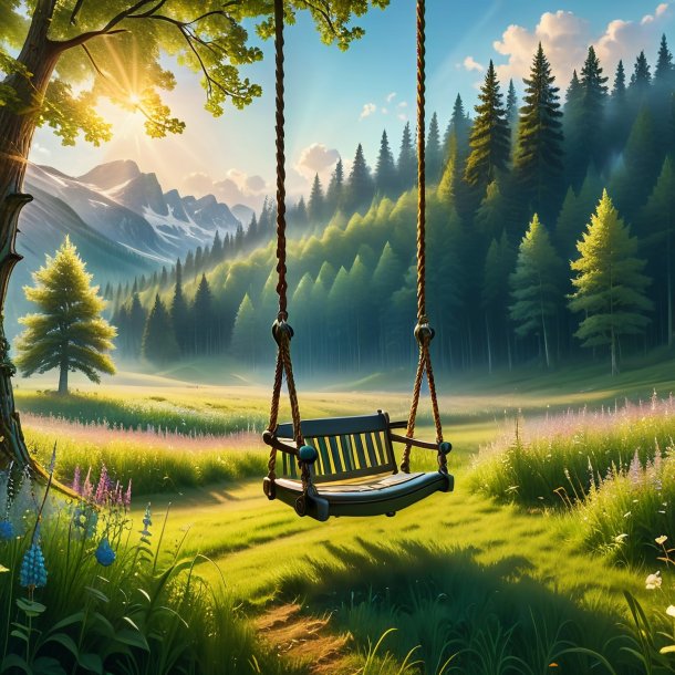 Photo of a swinging on a swing of a pike in the meadow