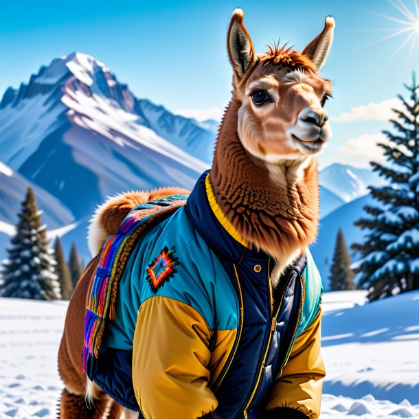 Foto de una llama en una chaqueta en la nieve