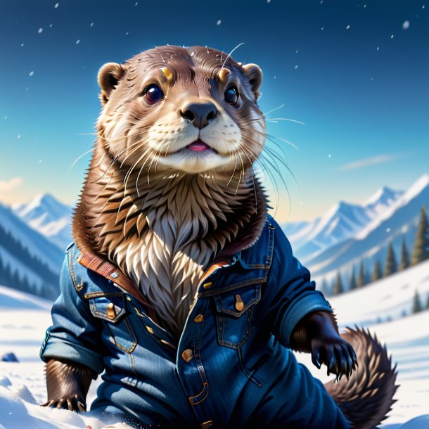 Illustration of a otter in a jeans in the snow