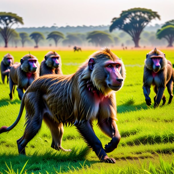 Uma foto de uma natação de um babuíno no campo